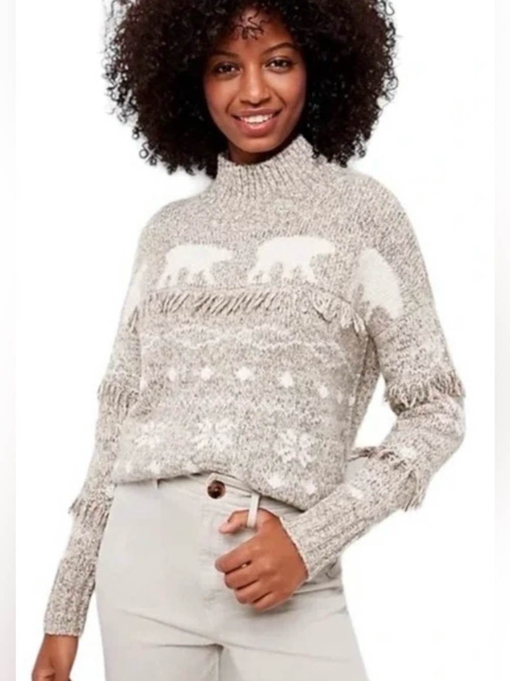 LOFT women’s Polar Bear Mock Neck Sweater with Fringe-large like new